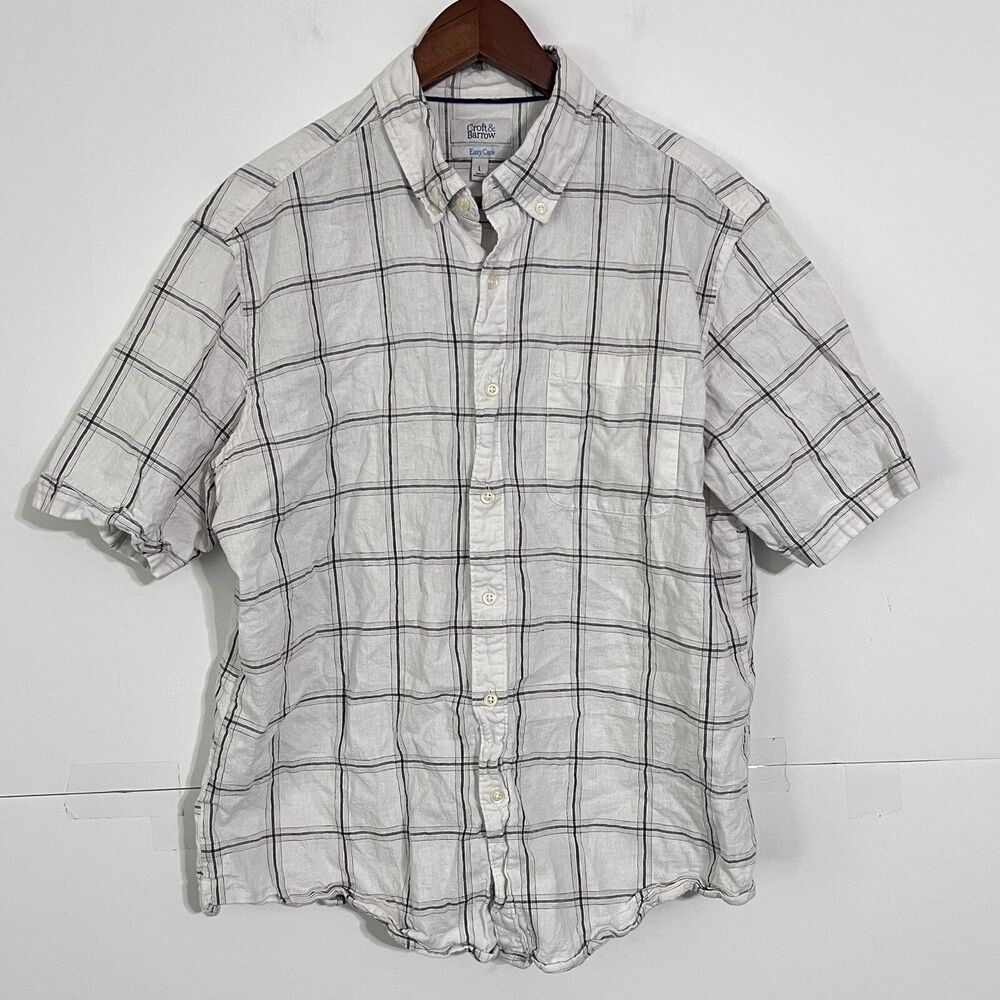 Croft Barrow Mens Shirt Size L White Checkered Linen Blend Short Sleeve